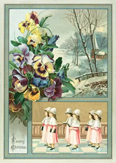 Choir Girls and Pansies, Christmas Card (chromolitho)