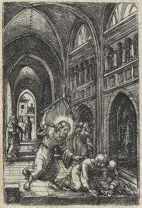 Christ expelling the moneychangers from the temple, c.1519 (engraving) Christ expelling the moneychangers from the temple, c.1519 (engraving)