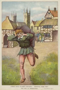 Christian fleeing the City of Destruction, scene from The Pilgrim's Progress, by John Bunyan (chromolitho) Christian fleeing the City of Destruction, scene from The Pilgrim's Progress, by John Bunyan (chromolitho)