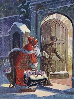 Christmas advertisement showing Santa Claus bringing gifts for WW1 soldiers from Dickins Christmas advertisement showing Santa Claus bringing gifts for WW1 soldiers from Dickins
