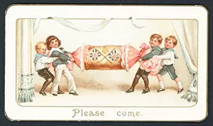 Christmas card with children pulling a cracker (chromolitho)