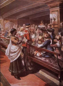 Troopships Gallery: Christmas dinner on British troopship bound for England from India, 1871 (hand-coloured etching)