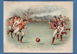Christmas postcard of a football match, 1892 (colour litho) Christmas postcard of a football match, 1892 (colour litho)