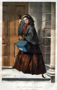 Christmas races: an elegant young woman knocks at the door of a house with a parcel in Christmas races: an elegant young woman knocks at the door of a house with a parcel in