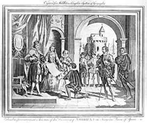 Christopher Columbus (1451-1506) presenting an account of his discovery of America to Christopher Columbus (1451-1506) presenting an account of his discovery of America to