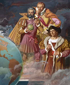 Christopher Columbus, Ferdinand Magellan, and Vasco de Gama, c.1940 (colour litho)