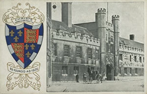 Crest Gallery: Christs College Cambridge, Cambridgeshire and its coat of arms (b / w photo)