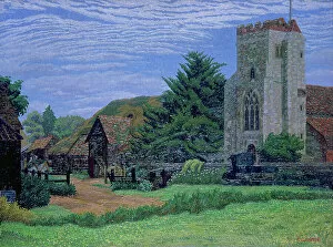 Britain Gallery: Church and Barn, Waltham St. Lawrence, 1937 (oil on canvas)