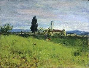 Church in country, by Silvestro Lega (1826-1895), oil on panel, 29x38 cm Church in country, by Silvestro Lega (1826-1895), oil on panel, 29x38 cm