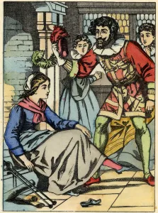 Cinderella tries the glass shoe found by the prince. Illustration of Charles Perrault' Cinderella tries the glass shoe found by the prince. Illustration of Charles Perrault'