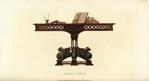 Central Library Gallery: Circular Gothic table for a library or study, with illuminated books and inkwell on the top
