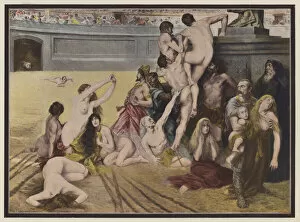 The circus, people thrown to the lions in a Roman arena (colour litho)