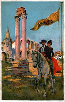 The city of Arles, the Roman ruins and the horses of Camargue. circa 1920 (Illustration) The city of Arles, the Roman ruins and the horses of Camargue. circa 1920 (Illustration)