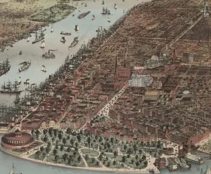 The City of New York (detail), 1883 (colour lithograph) The City of New York (detail), 1883 (colour lithograph)