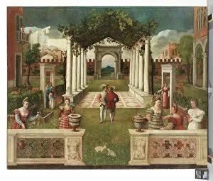 Giardini Collection: A classical architectural garden with elegant figures, a mountainous landscape beyond, c