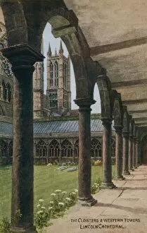 The Cloisters and Western Towers, Lincoln Cathedral (colour litho)