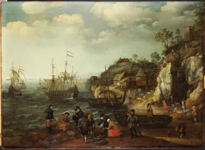 Coastal scene with fishermen and huntsmen on the shore, 1626 (oil on panel) Coastal scene with fishermen and huntsmen on the shore, 1626 (oil on panel)