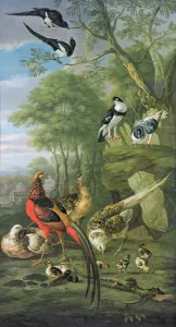 Cock pheasant, hen pheasant and chicks and other birds in a classical landscape Cock pheasant, hen pheasant and chicks and other birds in a classical landscape