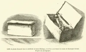 Coffre de plomb decouvert dans la cathedrale de Santo-Domingo, et ou l'on a cru trouver les restes de Christophe Colomb (engraving) Coffre de plomb decouvert dans la cathedrale de Santo-Domingo, et ou l'on a cru trouver les restes de Christophe Colomb (engraving)