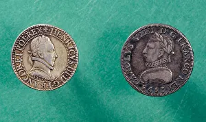 Coin face: left, half franc silver coin with the effigy of Henry III (1551-1589 Coin face: left, half franc silver coin with the effigy of Henry III (1551-1589