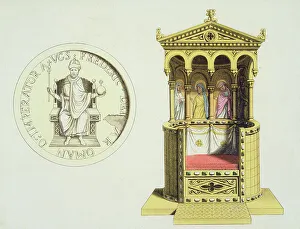 Coins Gallery: Coin and throne of Frederick Barbarossa (c.1123-90) published c.1820s-30s (colour litho)