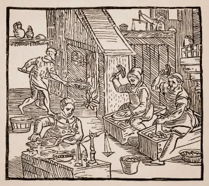 Coiners at Work, 1577 (woodcut) (sepia photo)