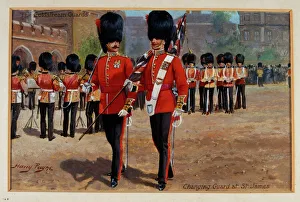 The Coldstream Guards Changing Guard at St James, 1905 circa (oil on board) The Coldstream Guards Changing Guard at St James, 1905 circa (oil on board)