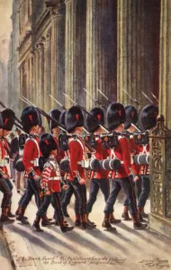 Coldstream Guards entering the Bank of England for guard duty (colour litho) Coldstream Guards entering the Bank of England for guard duty (colour litho)