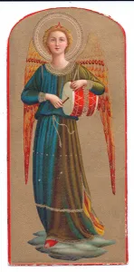 Colour litho print fra angelico angel playing a drum, c. 1910 Colour litho print fra angelico angel playing a drum, c. 1910