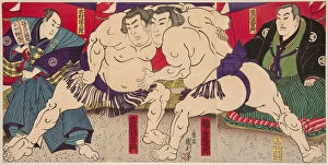 Combat des lutteurs de sumo Umegatani Rodachi et Kimura Shonosuke. Estampe de Utagawa Kunitoshi (1847-1899)