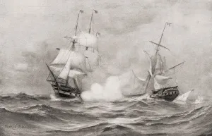 The combat between USS Constitution and HMS Guerriere, during The War of 1812 The combat between USS Constitution and HMS Guerriere, during The War of 1812