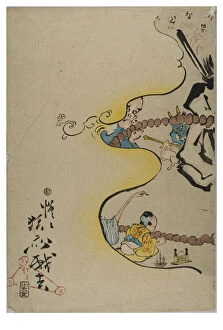 Comic.100 Turns of the Rosary from 100 Wildnesses by Kyosai, 1864 (woodblock print on paper)