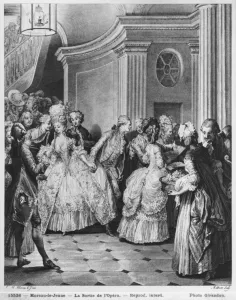 Coming out of the Opera, engraved by Georges Malbeste or Malbete (1743-1809) (engraving) Coming out of the Opera, engraved by Georges Malbeste or Malbete (1743-1809) (engraving)