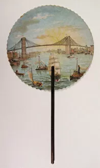 Ephemera And Silhouettes Gallery: 'Commemorative fan printed with scene of Brooklyn Bridge'(cardboard leaf)