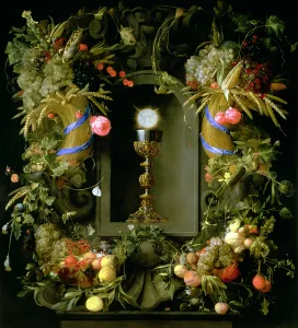 Communion cup and host, encircled with a garland of fruit Communion cup and host, encircled with a garland of fruit