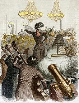 A concert has a machine gun. Cartoon by Hector Berlioz conducting an orchestra