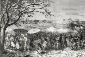 A Congolese tribe accompany explorer Pietro Paolo Savorgnan di Brazza and his expedition A Congolese tribe accompany explorer Pietro Paolo Savorgnan di Brazza and his expedition