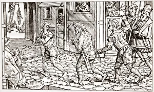 Contemporary woodcut showing a vagrant being whipped through the streets of a town Contemporary woodcut showing a vagrant being whipped through the streets of a town