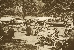 Al Fresco Dining Gallery: A continental lunch-time scene in the Embankment Gardens, Charing Cross (sepia photo)