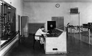 Control desk of a transmission facility in Hamburg, c.1934, (b / w photo)