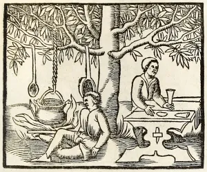 Cooking pot and waiting diner from 1550 edition of Cosmographia' Cooking pot and waiting diner from 1550 edition of Cosmographia'