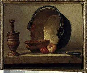 The copper chaudon still life with mortar and onions. Painting by Jean Baptiste Simeon The copper chaudon still life with mortar and onions. Painting by Jean Baptiste Simeon