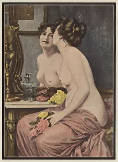Coquetry, woman before a mirror (colour litho)