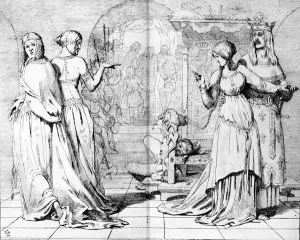 Cordelia led away from Goneril and Regan, illustration from The Germ, 1850 Cordelia led away from Goneril and Regan, illustration from The Germ, 1850