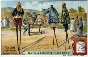 Coree: female sport of jumping on stilts - chromo Liebig, v.1900 Coree: female sport of jumping on stilts - chromo Liebig, v.1900