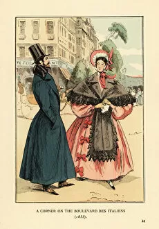 A corner on the boulevard des Italiens, 1833. Fashionable couple in front of Louis Bignon'