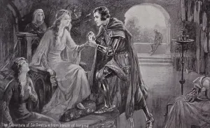 The Cornish knight of the Round Table, Sir Tristram, departs from Iseult of Ireland (litho) The Cornish knight of the Round Table, Sir Tristram, departs from Iseult of Ireland (litho)