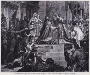Coronation of Charlemagne as Holy Roman Emperor by Pope Leo III, St Peter's Basilica, Rome, 800 (engraving) Coronation of Charlemagne as Holy Roman Emperor by Pope Leo III, St Peter's Basilica, Rome, 800 (engraving)
