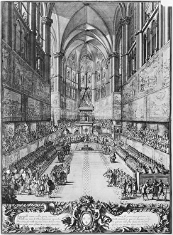 The Coronation of Louis XIV on 7th June 1654 in Reims cathedral (engraving) The Coronation of Louis XIV on 7th June 1654 in Reims cathedral (engraving)