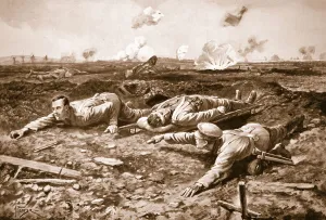 Corporal Brown and Lance-Corporal Dobson dragging a wounded man across the open to Corporal Brown and Lance-Corporal Dobson dragging a wounded man across the open to